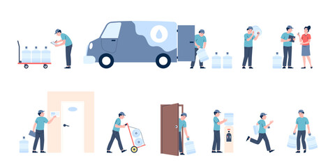 Water delivery service. Courier transportation big water bottles with car, to client at home. Liquid in plastic bottle, fill cooler in office, recent vector scenes