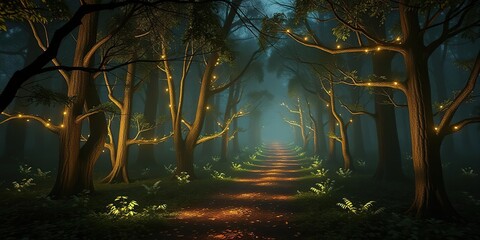 Naklejka premium A glowing forest with several paths leading off into the darkness, each one lined with radiating branches and soft, luminescent leaves, soft illumination, radiant foliage, glowing forest