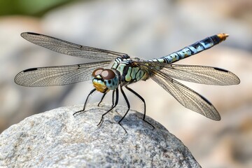 A dragonfly perched on top of a rocky outcropping, with a serene background