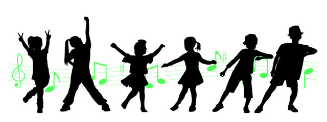 Children dancing silhouettes on white background.  Vector illustration.	
