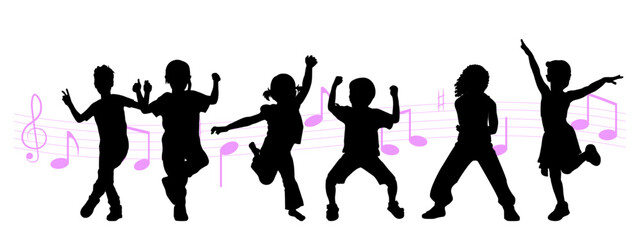 Children dancing silhouettes on white background.  Vector illustration.	
