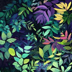 Layered foliage, vibrant greens and purples, flat design illustration