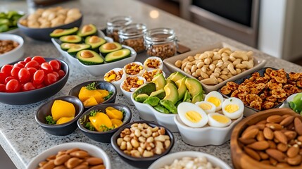 Fototapeta premium A variety of low-carb snacks like roasted nuts, avocado slices, and hard-boiled eggs, arranged on a kitchen countertop 