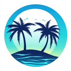 Tropical island scene with palm trees and serene ocean backdrop. design features circular shape with gradient sky and gentle waves, evoking peaceful atmosphere