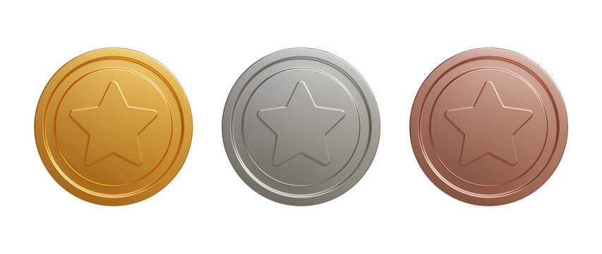 Set of golden, silver and bronze coins. coin with star rating sign in different angle. Realistic toss coin with star embedded. 3D Rendering
