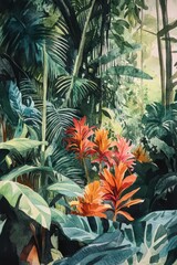 Fototapeta premium Tropical foliage watercolor patterns with a complementary palette, emphasizing dense vegetation and side view