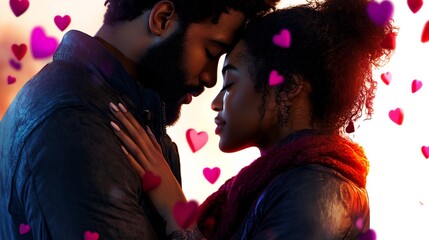 Romantic couple embracing with hearts.