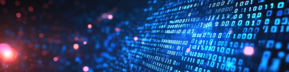 Binary code streams with glowing blue and red lights creating a futuristic digital environment