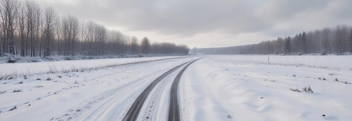 Fototapeta premium A snow-covered field with trees and bushes visible in the distance has a single tire track running along it, tire tracks, snow covered field