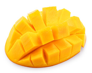 Ripe mango fruit cut into hedgehog-shaped style on white background. File contains clipping path.
