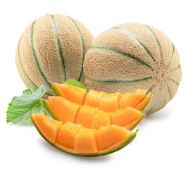 Cantaloupe melons with melon slices isolated on white background. File contains clipping path.