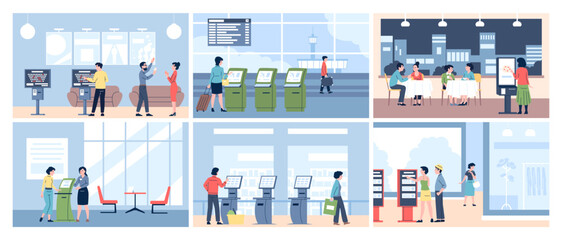 People and self service terminals. Person use terminal in cinema airport cafe grocery store and bank. Digital smart kiosks, info stands recent vector scenes