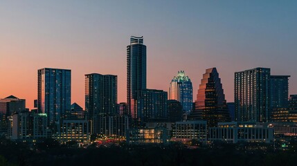 Obraz premium A city skyline illuminated by the soft, warm light of the early morning, as the sun rises behind the buildings.