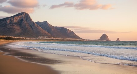 Fototapeta premium Sunset over Coastal Mountains and Sandy Beach