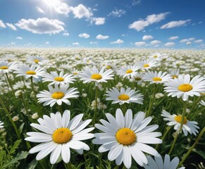 Obraz premium A vast expanse of white daisies stretching across a bright blue sky on a warm summer day , fresh air, floral field,