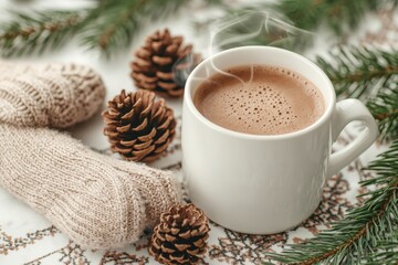 Cozy Winter Flat Lay with Mitten, Hot Beverage, and Pine Cones on a Themed Background