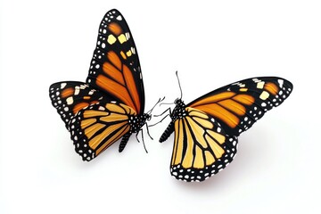 Fototapeta premium Two butterflies sit on a white surface, perhaps on a leaf or a table