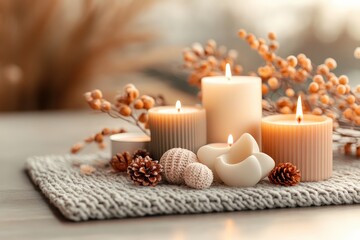 Beautiful Arrangement of Candles in Various Shapes with Decorative Elements on a Cozy Background