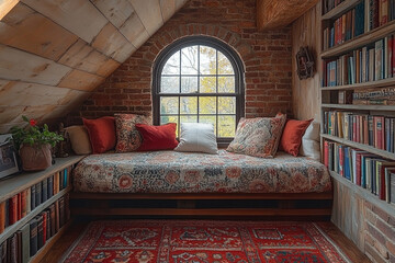Cozy Attic Reading Nook With Bookshelves And Window Seat