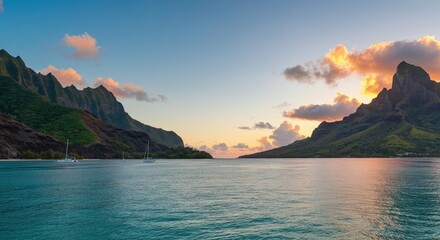 Tropical Sunset over Calm Ocean and Lush Mountains