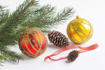 Three Christmas ornaments surrounded by pine cones on a white surface
