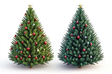 Two artificial Christmas trees standing together, perfect for decorating events or homes