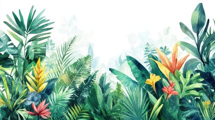 Watercolor painting of a dense tropical jungle with vibrant foliage, featuring exotic plants and complementary hues, side view