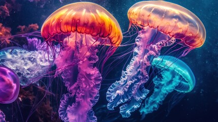Obraz premium Surreal vibrant color jellyfish gracefully gliding through the underwater wonderland
