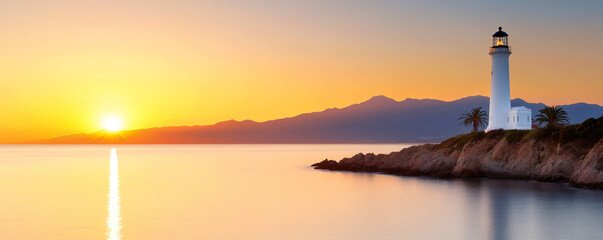 Serenity at the shore: white lighthouse glowing on rocky cliff during golden hour, illuminating the calm ocean