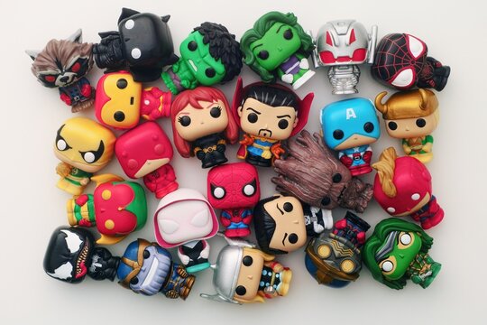 Tambov, Russian Federation - August 23, 2024 Twenty four Marvel Funko POP Mini Vinyl Figures on a white background.