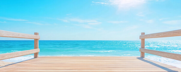 Fototapeta premium Empty wooden pier leading to beautiful tropical beach with turquoise water and blue sky on sunny summer day