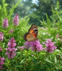 Obraz premium Butterfly resting on a stunning lilac-pink wildflower in the midst of lush green grass, purple, green grass