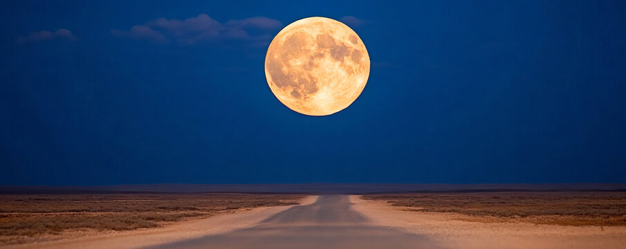 Captivating full moon ascends over a desert highway at night, casting an otherworldly glow on the scenery