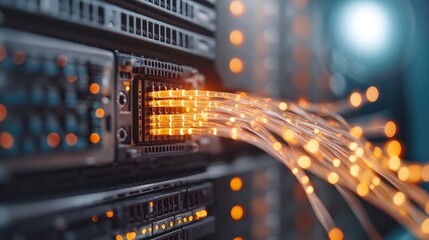 Obraz premium Close-Up of Glowing Fiber Optic Cable Connected to Data Server in High-Tech Network Environment
