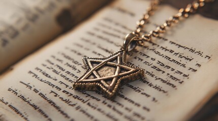 Fototapeta premium Star of David Pendant on Ancient Book Pages: A Glimpse into History