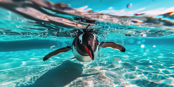 A penguin swimming in a clear blue pool, no divers or obstacles around