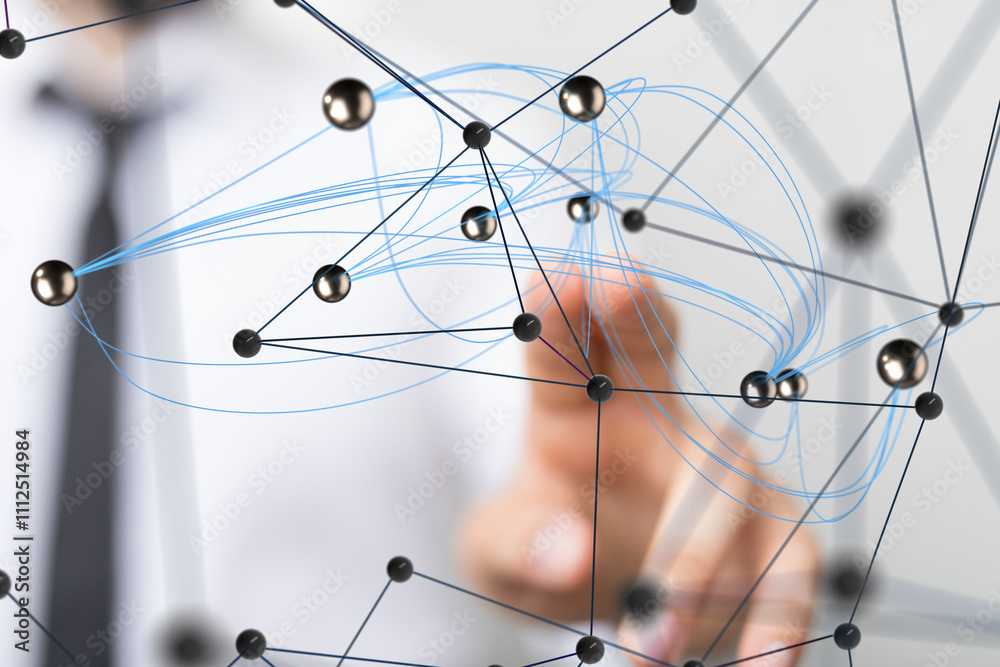 Poster Global network. Blockchain. 3D illustration. Neural networks and artificial intelligence. Abstract