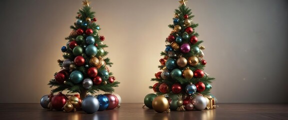 Christmas tree with multiple levels of shiny sphere decorations, layered light, sparkling accents, tiered festive
