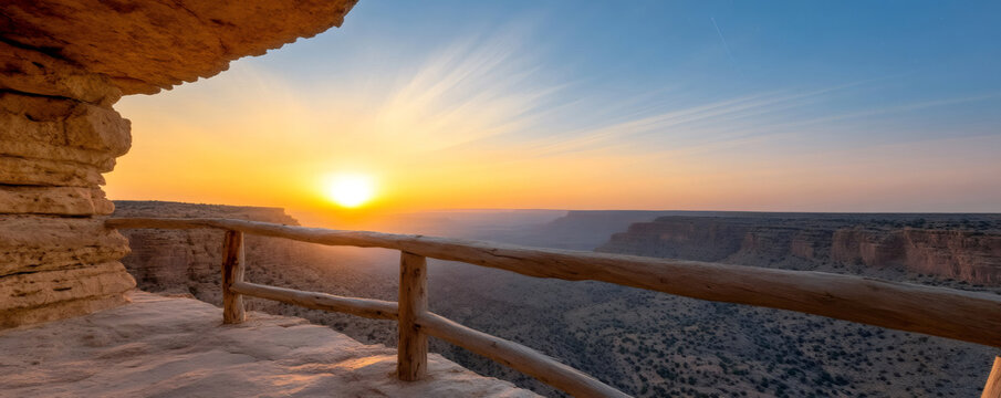 Sunrise casting a golden glow on palo duro canyon state park, texas, from a cliffside viewpoint with wooden railings