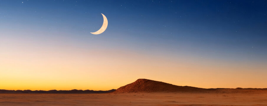 Stunning view of a crescent moon illuminating the vast expanse of a serene desert at sunset, creating a magical atmosphere