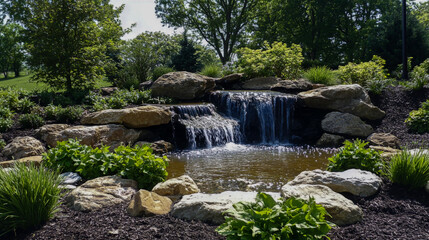 Serene waterfall cascading over rocks surrounded by lush greenery in a peaceful garden setting