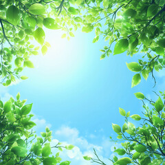 A vibrant nature background with lush green trees and a clear blue sky, with an empty space in the center for text. Surrounding elements include sunlight filtering through leaves and soft greenery