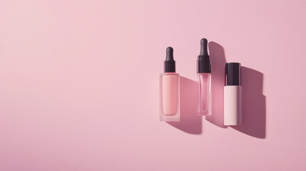 Obraz premium Minimalist beauty products arranged on soft pink background, showcasing elegance and simplicity. Perfect for cosmetic branding and marketing