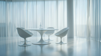minimalist dining area featuring round white table and sleek chairs, bathed in soft light through sheer curtains, creating serene atmosphere