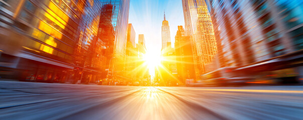 Blurred motion on a new york city street with the empire state building and sun shining brightly between skyscrapers