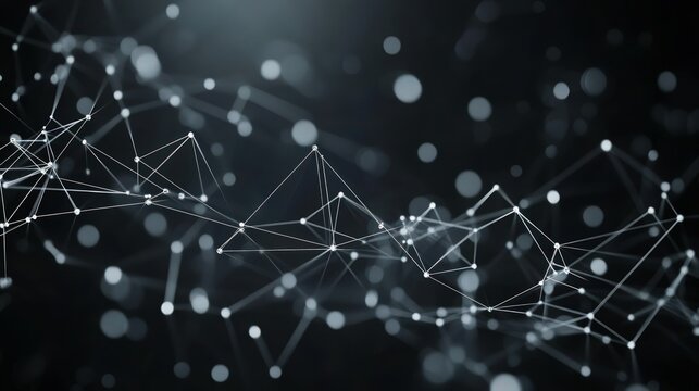 Abstract geometric background of floating silver dots and connecting lines in an intricate network, creating a deep sense of depth over a black background