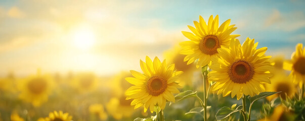 Fototapeta premium Sunflowers in full bloom in a wide open field during sunset, illuminating the landscape with a golden glow