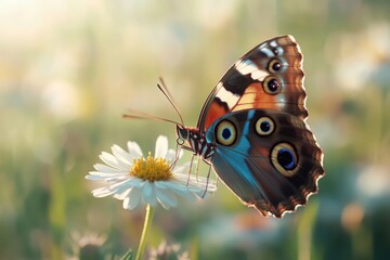 Naklejka premium A butterfly sits on the petals of a white flower, its wings spread wide