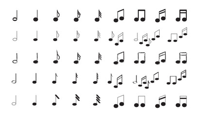 Music note icon set. Half, quarter, eighth and triplet notes. Musical melodies and songs. Creativity and art. Hobby and leisure. Flat vector collection