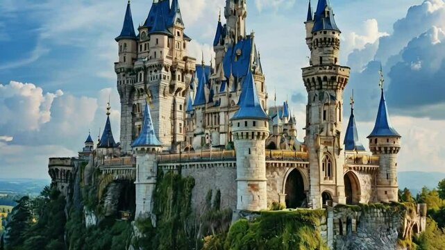 A majestic castle with blue turrets and lush greenery, evoking a fairytale atmosphere.